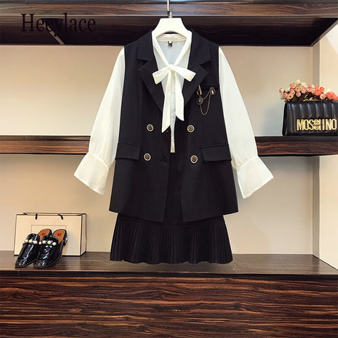 Office Ladies French Vintage Elegant 3 Pieces Set Korean Bow Collar Long Sleeve Blouse +Blazer Vest+Pleated Skirts Set