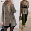 Office Ladies Notched Collar Plaid Women Blazer Double Breasted Autumn Jacket 2023 Casual Pockets Female Suits Coat