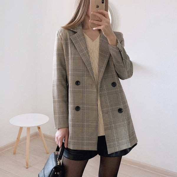 Office Ladies Notched Collar Plaid Women Blazer Double Breasted Autumn Jacket 2022 Casual Pockets Female Suits Coat Woman Jacket
