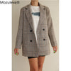 Office Ladies Notched Collar Plaid Women Blazer Double Breasted Autumn Jacket 2022 Casual Pockets Female Suits Coat