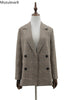 Office Ladies Notched Collar Plaid Women Blazer Double Breasted Autumn Jacket 2022 Casual Pockets Female Suits Coat