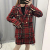 Office Ladies Red Plaid Blazer And Mini Skirt Suit Vintage Tweed Suits Jackets Houndstooth Coats Female Autumn Winter Girls Chic