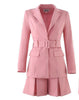 Office Ladies Slim Fit Pink Two Piece Skirts Suits Medium Length Sashes Blazer Short Pleated Skirts Womens Blazer Sets