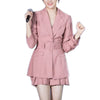 Office Ladies Slim Fit Pink Two Piece Skirts Suits Medium Length Sashes Blazer Short Pleated Skirts Womens Blazer Sets