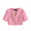 Office Ladies Solid Single-Breasted Short Sleeves Sweet Jacket Chic Coat ZaWomen's Two Piece Sets Cropped Top Suit Pink Blazers