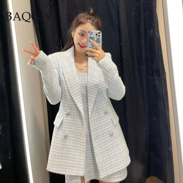 Office Lady Autum  Plaid Blazer Women Vintage V Neck Double Breasted Oversized Long Jackets Women Pockets Elegant Blazer
