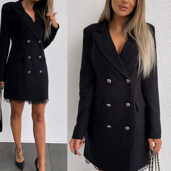 Office Lady Blazers Solid Color Lace Blazer Women Autumn Turn-down Collar Long Sleeve Double-breasted Suits Coat blazer mujer