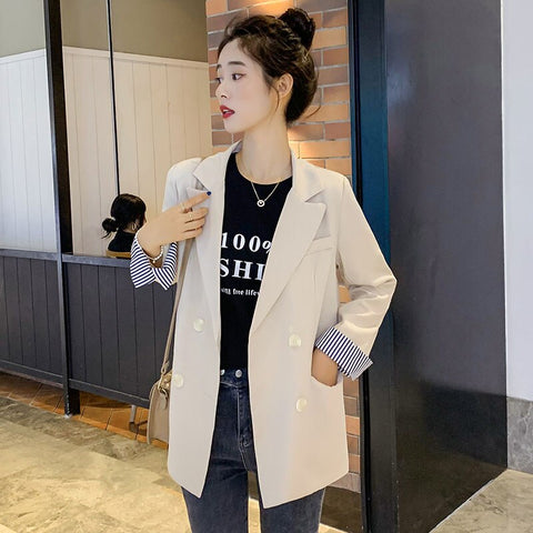 Office Lady Blazers Spring And Autumn Notched Collar Pocket Double Breasted Vintage Jacket ZA Stripe Full Sleeve  Business Suit