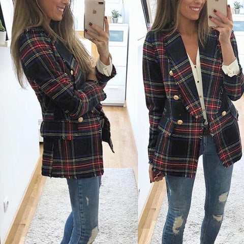 Office Lady Double Side Woolen Cardigan Plaid Double-breasted Blazer Jacket  Female Casual Coats Plaid Ladies Outerwear