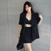 Office Lady Korean Sexy Crop Tops Mini Skirts Blazers Outfits Women Solid Blue Short Sleeve Suit Jacket Vest Bodycon