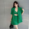 Office Lady Korean Sexy Crop Tops Mini Skirts Blazers Outfits Women Solid Blue Short Sleeve Suit Jacket Vest Bodycon