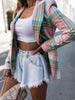 Office Lady Lapel Double Breasted Business Commute Blazers Spring Autumn Elegant Chic Coat Pink Plaid and Striped Blazer