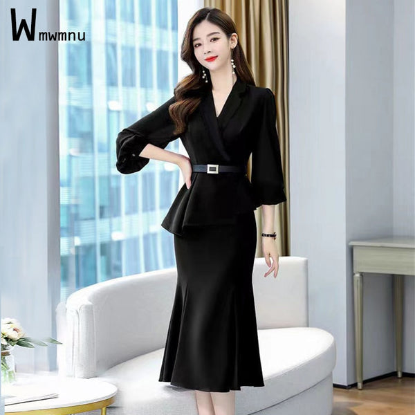 Office Lady Ruffle Blazers Outfits Elegant Chic Puff Sleeve Short Coat and Sexy Slim Midi Skirts Suit With Belt Two Piece Sets