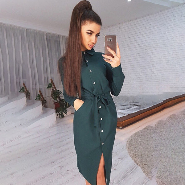 Office Lady Shirt Dress Slim Long Sleeve Button Sashes Turn-down Collar Midi Dresses 2023 Spring Autumn Women's Clothing