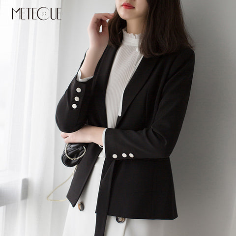 Office Lady Single Button With Sash Black Ladies Blazer Notched Collar Long Sleeve Women Blazers And Jackets Spring Autumn 2022