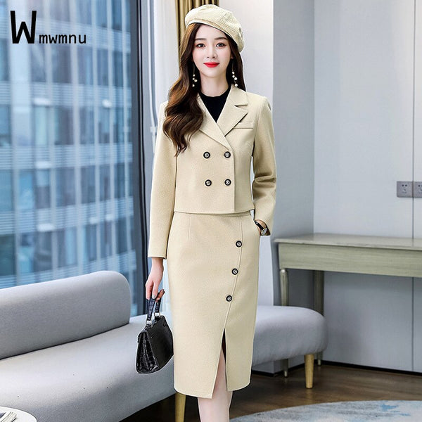 Office Lady Solid Two Piece Sets Women Full Sleeve Double Breasted Short Blazer Outfits Formal High Waist Slim Slit Skirts Suits
