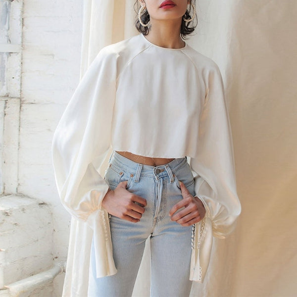 Office Lady White Shirt Women Lantern Long Sleeves Ribbons Cut Out Crop Top Casual High Fashion Formal Loose Sexy Cropped Blouse