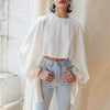 Office Lady White Shirt Women Lantern Long Sleeves Ribbons Cut Out Crop Top Casual High Fashion Formal Loose Sexy Cropped Blouse