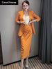 Office Outfits Women Elegant One Button Blazer Suits Autumn Winter 2023 Designer Business Ruched Pencil Dress Sets Green Orange