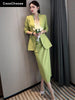 Office Outfits Women Elegant One Button Blazer Suits Autumn Winter 2023 Designer Business Ruched Pencil Dress Sets Green Orange