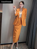 Office Outfits Women Elegant One Button Blazer Suits Autumn Winter 2023 Designer Business Ruched Pencil Dress Sets Green Orange