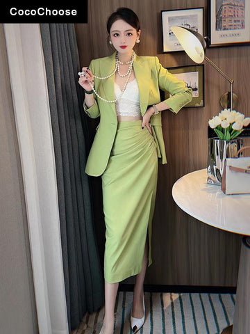 Office Outfits Women Elegant One Button Blazer Suits Autumn Winter 2023 Designer Business Ruched Pencil Dress Sets Green Orange