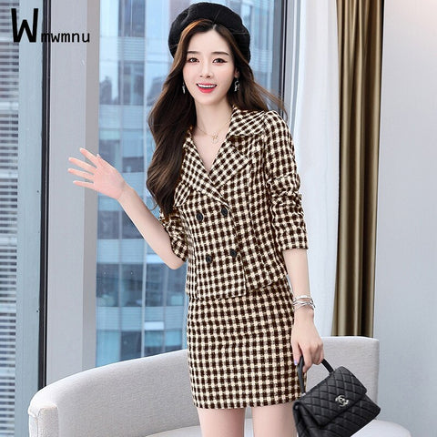 Office Vintage Plaid Short Blazer Suit Korean Slim Full Sleeve Lapel Coat+High Waist Sexy Mini Skirts Outfits Two Pieces Sets