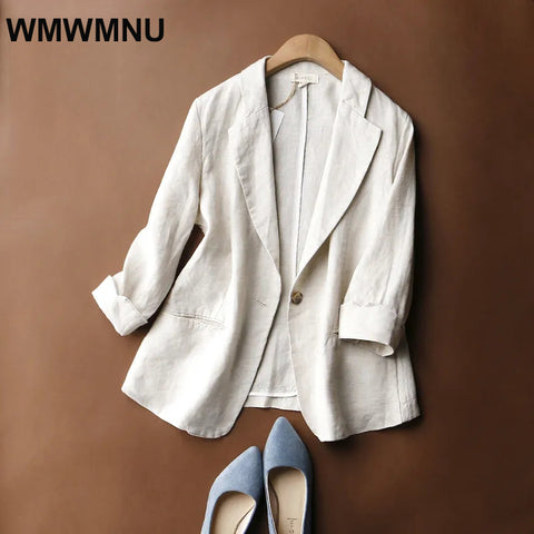 Office White Cotton Linen Thin Blazer Jackets Women Unlined Basic Formal Slim Coats Elegant Casual Summer Lapel Ol Outwear New