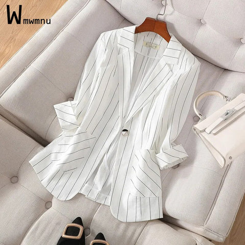 Offlce Lady White Striped Half Sleeve Blazer Women Korean Slim Oversized 4xl Classic Solid Suit Coats Elegant Business Outwear