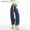 Okuohao Wide Leg Jeans Women Printed Streetwear Denim Pants High Waist Loose Wash Blue Mom Jeans Straight Casual Trouser