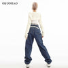 Okuohao Wide Leg Jeans Women Printed Streetwear Denim Pants High Waist Loose Wash Blue Mom Jeans Straight Casual Trouser