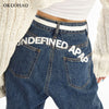 Okuohao Wide Leg Jeans Women Printed Streetwear Denim Pants High Waist Loose Wash Blue Mom Jeans Straight Casual Trouser