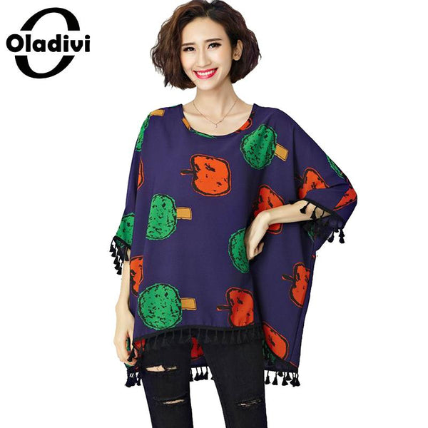 Oversized Plus Size Women Batwing Sleeves Printing Tassel Chiffion Shirt Blouse Ladies Top Tee Tunics Casual Loose Blusa