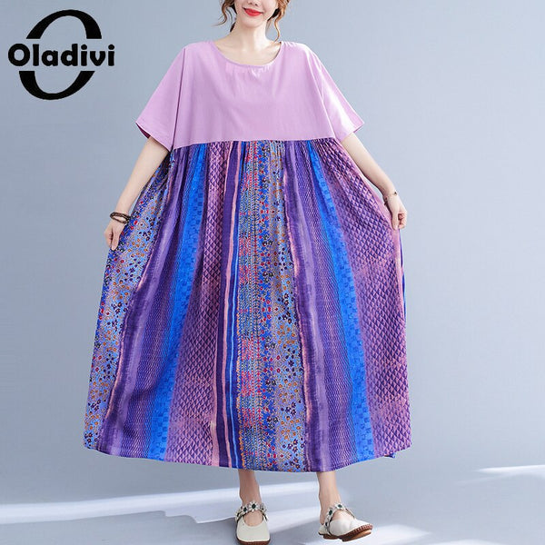 Oladivi Oversized Women's  Print Boho Dress Ladies Summer Holiday Beach Wear Bohemian Maxi Long Dresses Robe Femme 88901