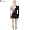 Olivekwok Woman Sexy One Shoulder Two Piece Sets Long Sleeve Patchwork  Bright Silk Shorts Sets Backless Casual Tracksuits