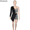 Olivekwok Woman Sexy One Shoulder Two Piece Sets Long Sleeve Patchwork  Bright Silk Shorts Sets Backless Casual Tracksuits