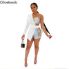 Olivekwok Woman Sexy One Shoulder Two Piece Sets Long Sleeve Patchwork  Bright Silk Shorts Sets Backless Casual Tracksuits