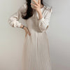 Onalippa 2022 Women Autumn Temperament Elegant Round Neck Straps Waisted Slimming Solid Color Over The Knee Long Pleated Dress