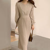 Onalippa 2022 Women Autumn Temperament Elegant Round Neck Straps Waisted Slimming Solid Color Over The Knee Long Pleated Dress