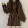 One Piece Dress Korean Chic Simple Orange Round Neck Pullover Loose Lace Up Waist Small Lantern Sleeve Knitted Dress Women