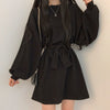 One Piece Dress Korean Chic Simple Orange Round Neck Pullover Loose Lace Up Waist Small Lantern Sleeve Knitted Dress Women