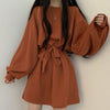 One Piece Dress Korean Chic Simple Orange Round Neck Pullover Loose Lace Up Waist Small Lantern Sleeve Knitted Dress Women