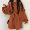 One Piece Dress Korean Chic Simple Orange Round Neck Pullover Loose Lace Up Waist Small Lantern Sleeve Knitted Dress Women