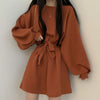 One Piece Dress Korean Chic Simple Orange Round Neck Pullover Loose Lace Up Waist Small Lantern Sleeve Knitted Dress Women