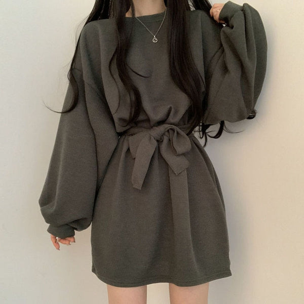 One Piece Dress Korean Chic Simple Orange Round Neck Pullover Loose Lace Up Waist Small Lantern Sleeve Knitted Dress Women