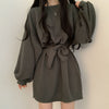 One Piece Dress Korean Chic Simple Orange Round Neck Pullover Loose Lace Up Waist Small Lantern Sleeve Knitted Dress Women