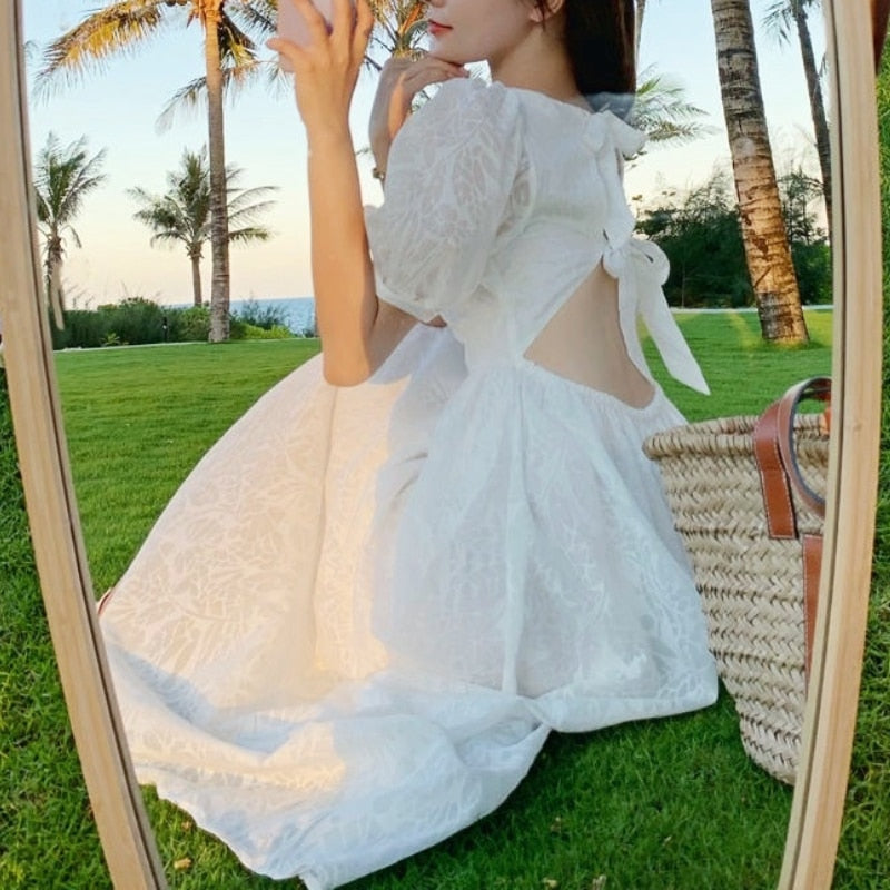 One Piece Dress Korean Puff Sleeve Sexy Midi Dresses Beach Sundresses |  GraceQueens