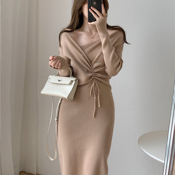 One-Piece Knitted Sweater Dress For Women 2022 Autumn Drawstring Bodycon Dress Korean Slim Woman Knitted Dresses Lady Dress