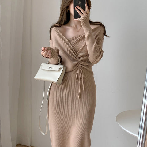 One-Piece Knitted Sweater Dress For Women 2022 Autumn Drawstring Bodycon Dress Korean Slim Woman Knitted Dresses Lady Dress