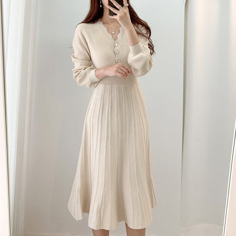One Piece Korean Pleated Dress 2022 Spring Long Sleeve Slim Woman Sweater Dresses Knitted Vintage Elegant Midi Party Dress